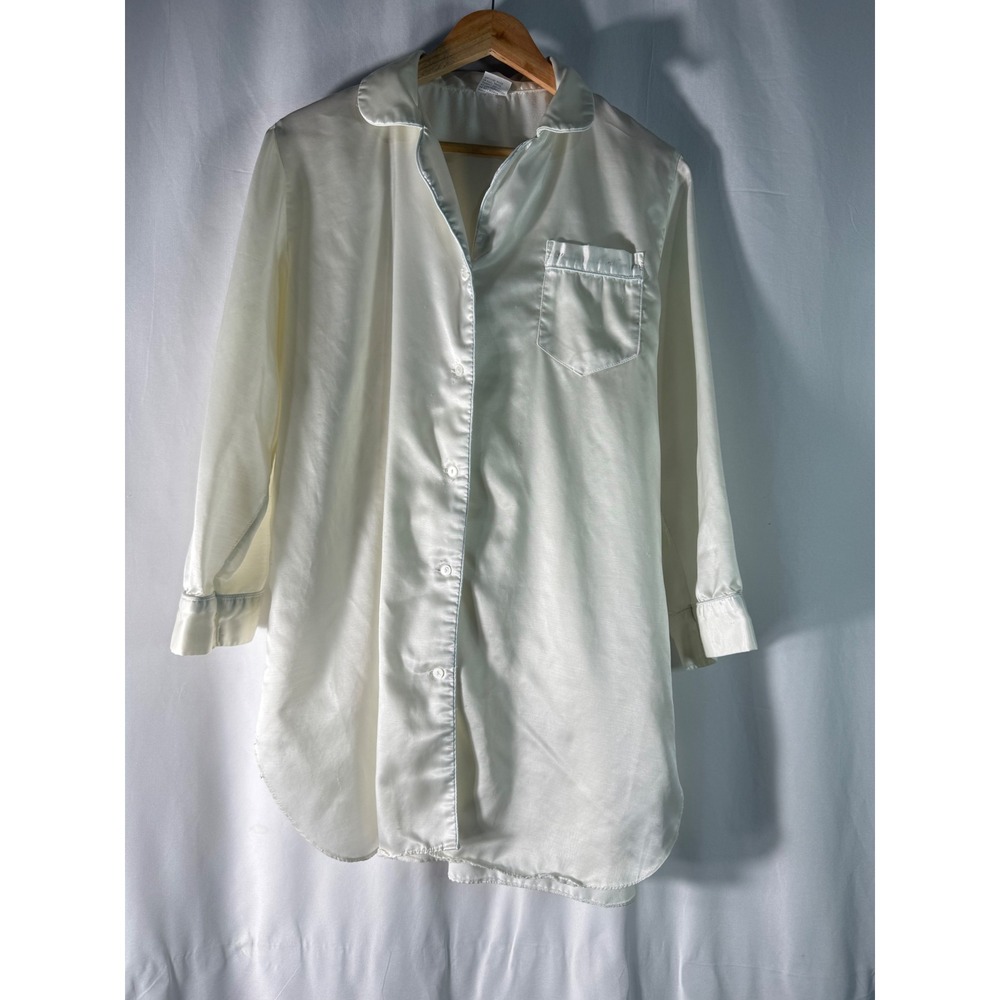 Kathryn Cream Satin Sleep Shirt Button Down‎ Nightgown Vintage Style Large White